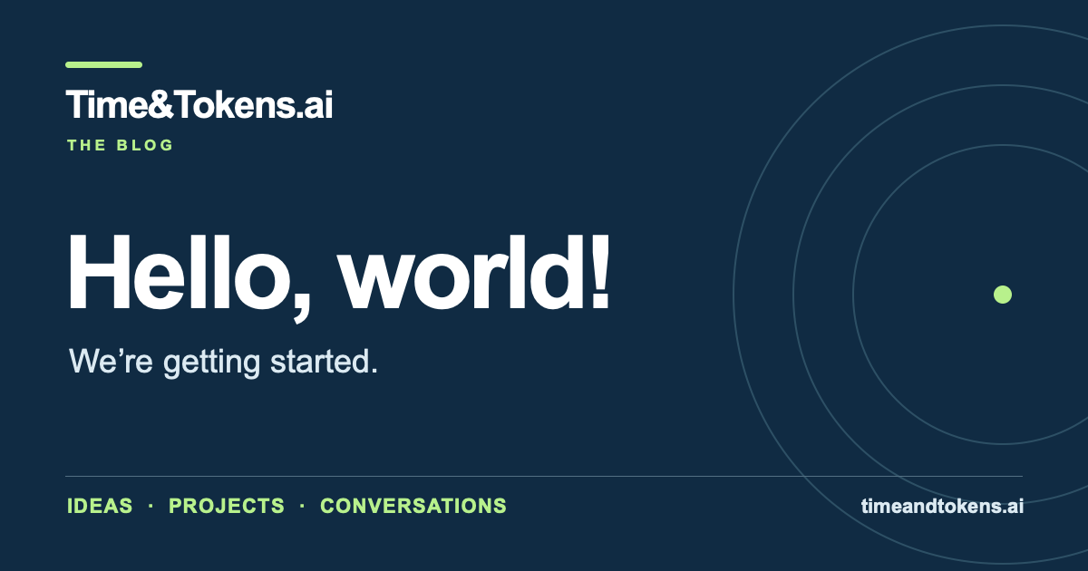 TimeAndTokens blog card reading ‘Hello, world! We’re getting started.’ with the timeandtokens.ai address and green accents.